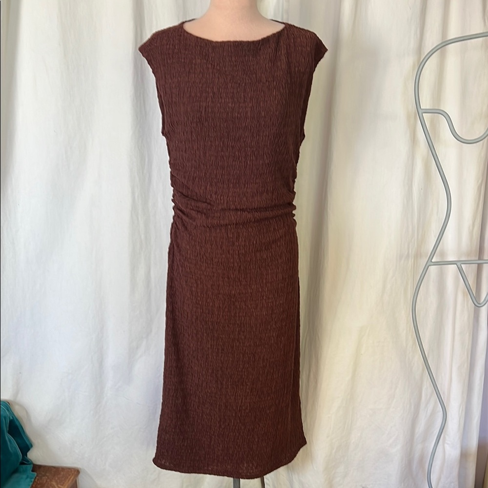 H&M Brown Sheath Midi Dress Sleeveless Bateau Neckline NWT scrunched side